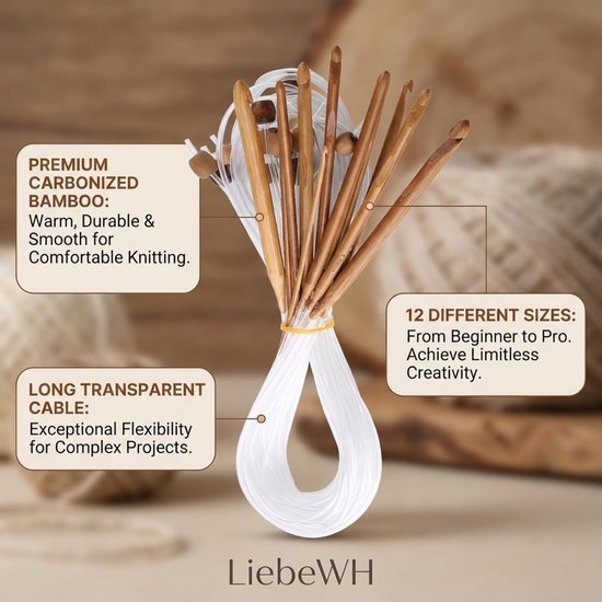 Complete Set van 12 Gecharcoalde Bamboe Haaknaalden voor Tunesisch Haken met Plastic Kabel en Diverse Maten voor Optimale Projectflexibiliteit — afbeelding 3