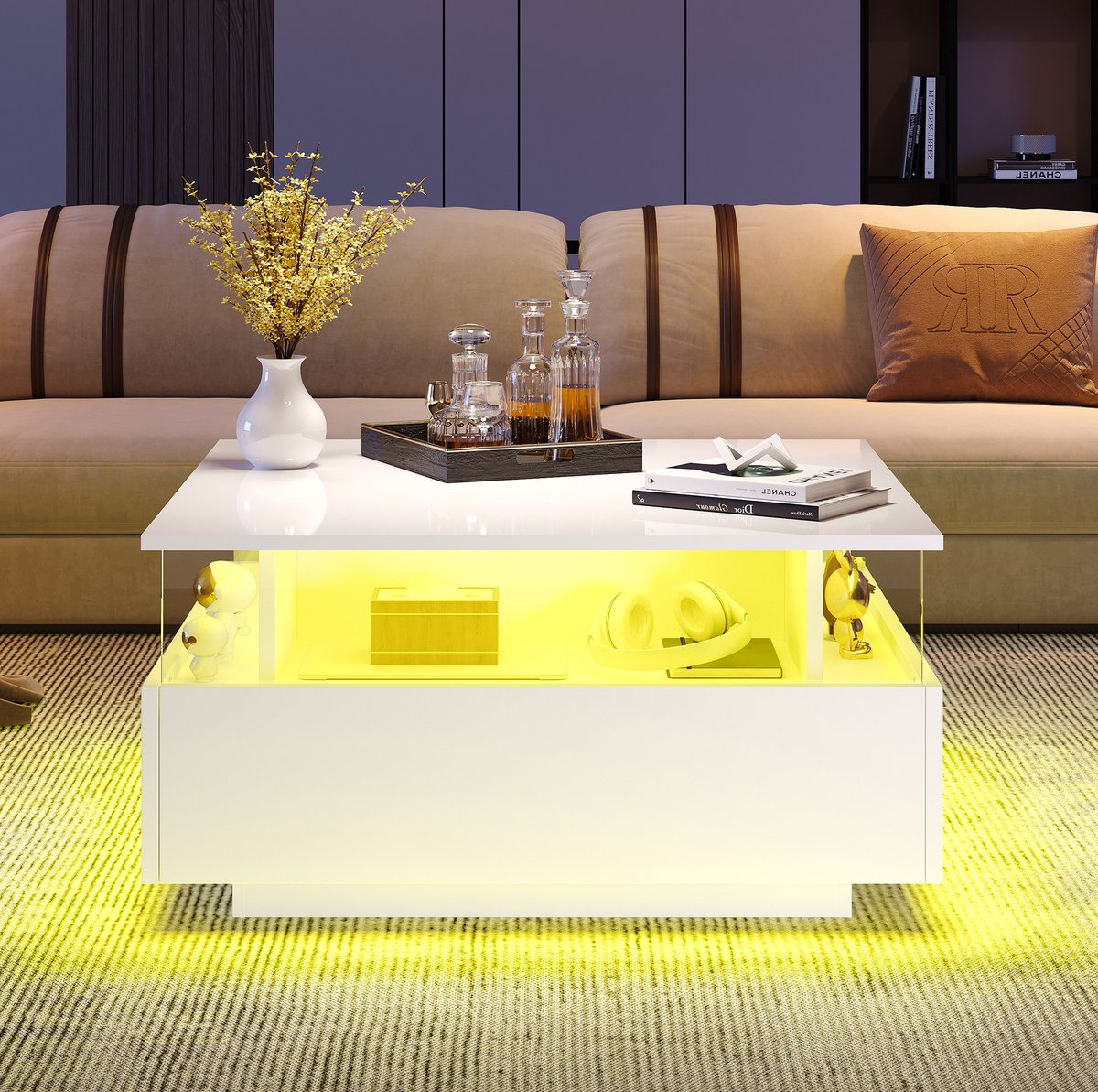 MEUNIQ Salontafel 70 x 70 x 41 cm met app-bedienbare LED-verlichting, 2 lades en transparant presentatievak voor woonkamer, wit hoogglans