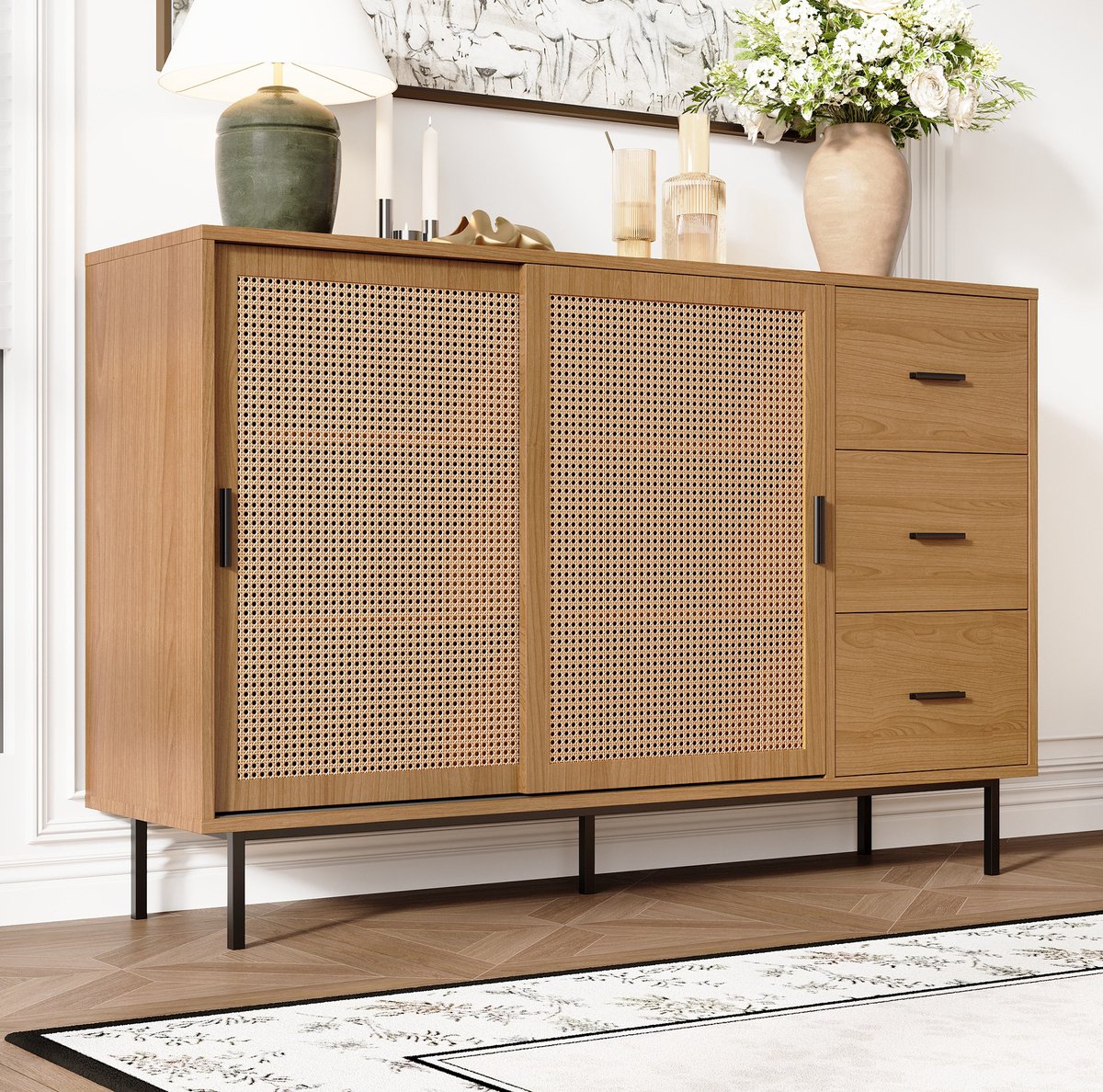 MEUNIQ Dressoir 140 x 37 x 91 cm met 2 schuifdeuren, 3 lades en verstelbare planken - landelijke opbergkast voor woon- en eetkamer - Naturel Natural
