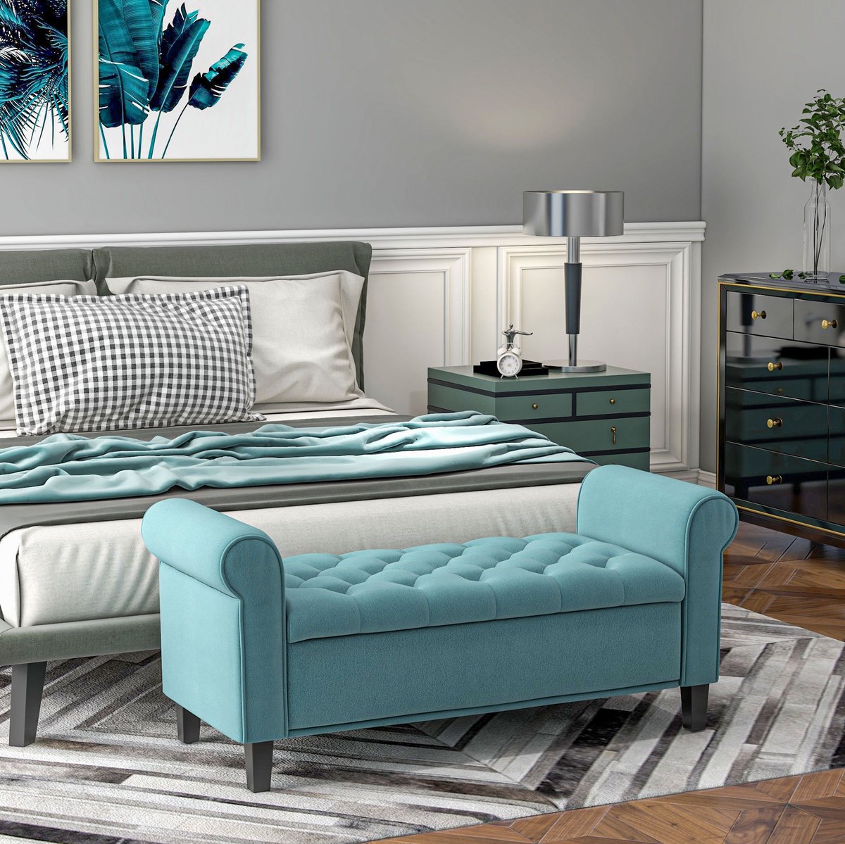 FloraGrace Bedbank 126 x 48,5 x 57 Cm - Verborgen Opbergruimte En Gecapitonneerde Zitting - Slaapkamer Of Hal - Polyester - Groen
