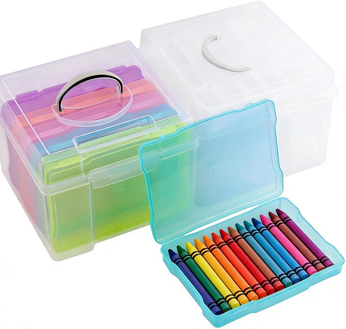 Set van 2 Foto-opbergdozen 13,7 x 17,5 cm met 12 Transparante en Gekleurde Fotohoezen, Ideaal voor Kaarten, Foto's en Stempels, Perfect voor Creatieve Projecten en Organisatie