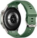 De achterkant van een groene Huawei smartwatch met een zilverkleurig metalen frame en een gesp.