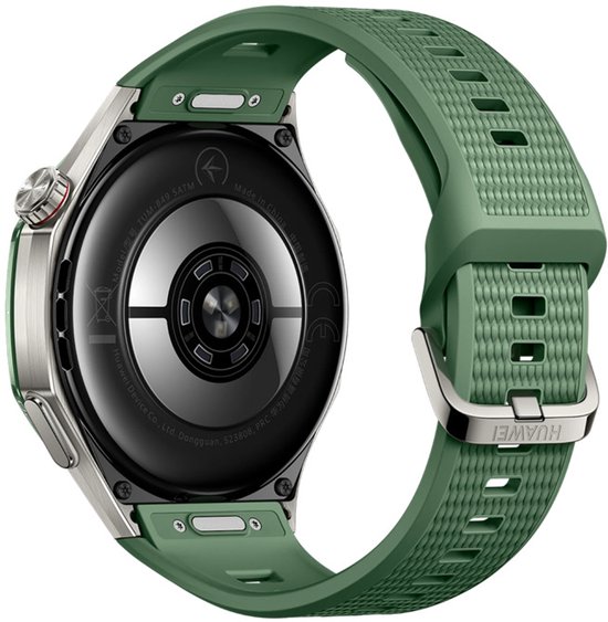 De achterkant van een groene Huawei smartwatch met een zilverkleurig metalen frame en een gesp.