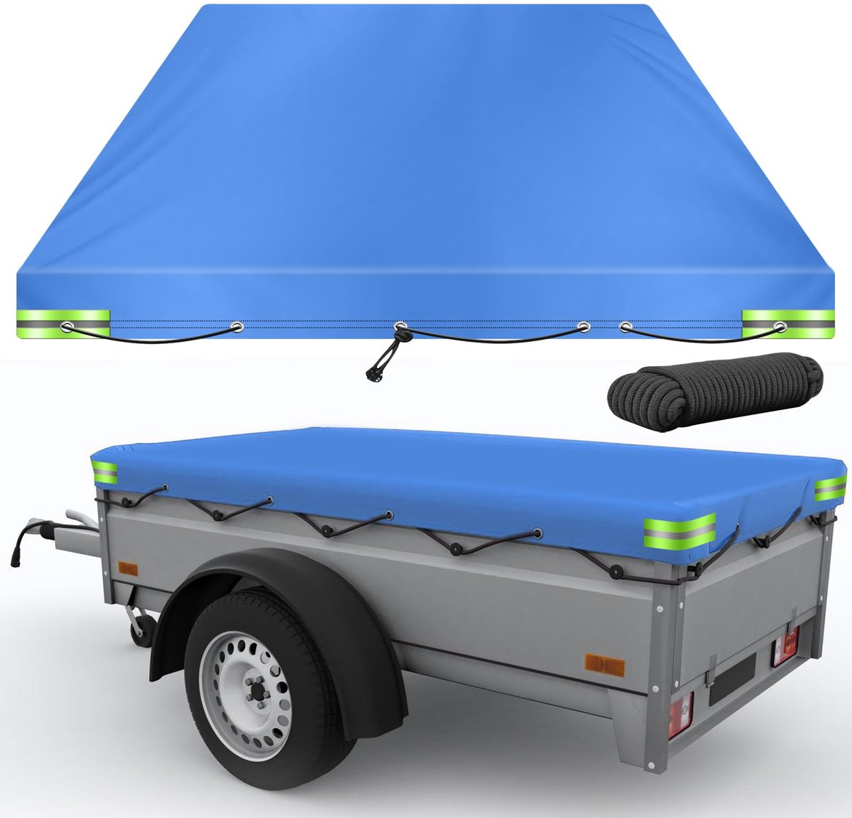 Aanhangwagen Afdekzeil – Waterdicht 420D Oxford – Met Ogen & Reflectiestrepen – 209 x 115 x 10 cm