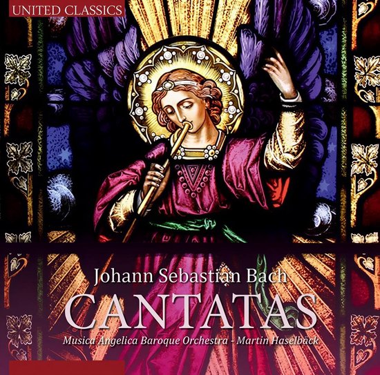 Albumhoes met een engel die een blokfluit bespeelt, met de tekst 'Johann Sebastian Bach CANTATAS' en 'UNITED CLASSICS'.