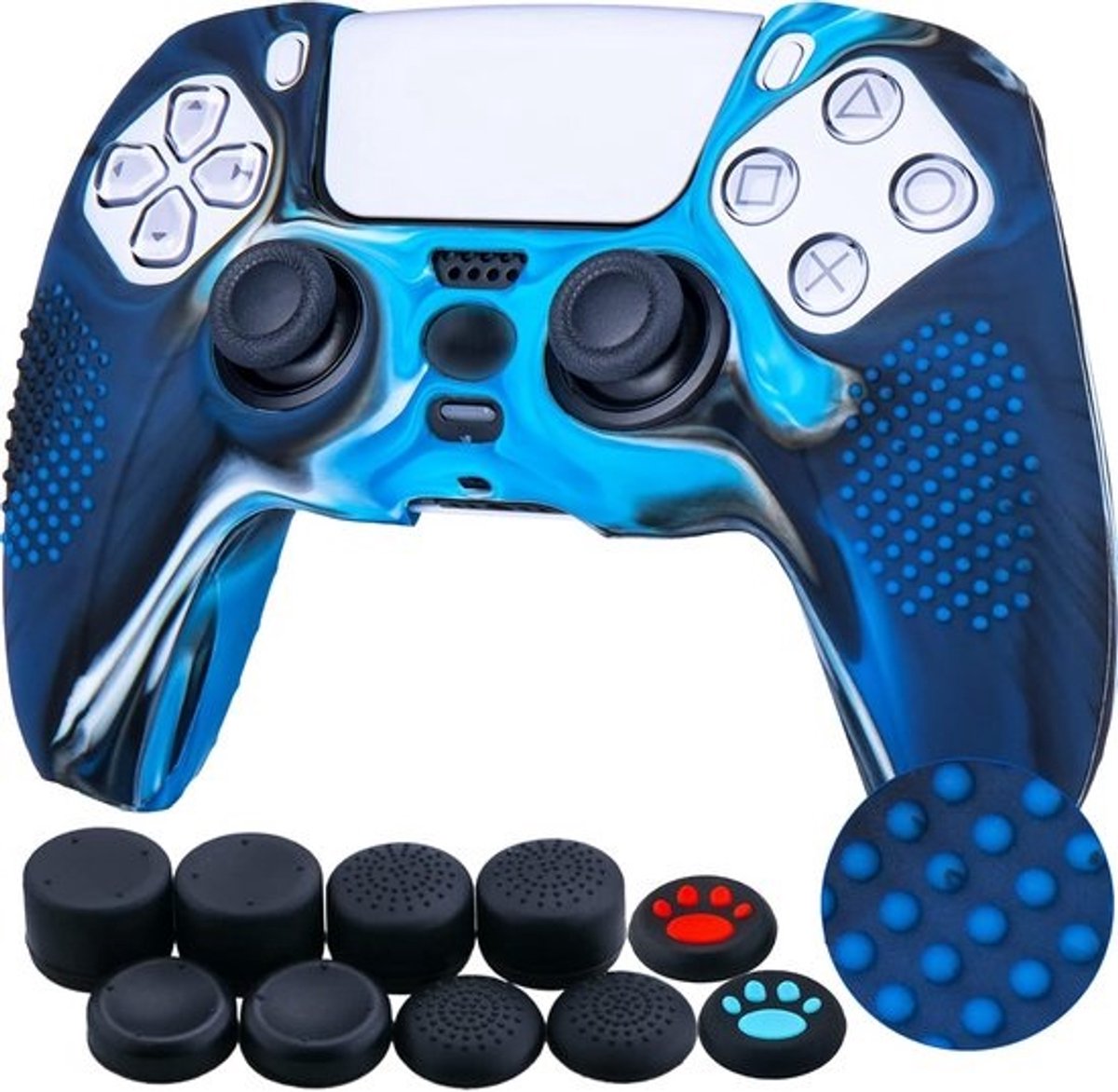 Beschermhoes Siliconen voor PS5 DualSense Controller met 10 Pro Thumb Grips - Camouflage Blauw