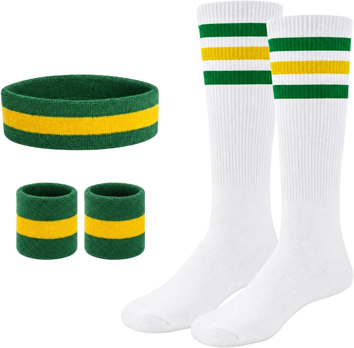 Zweetband en sokken, jaren 80 en 90, zweetband, gestreepte hoofdband, armband, gestreepte hoge sokken voor dames en heren, sport, hardlopen, fietsen, carnaval, kostuums, feest