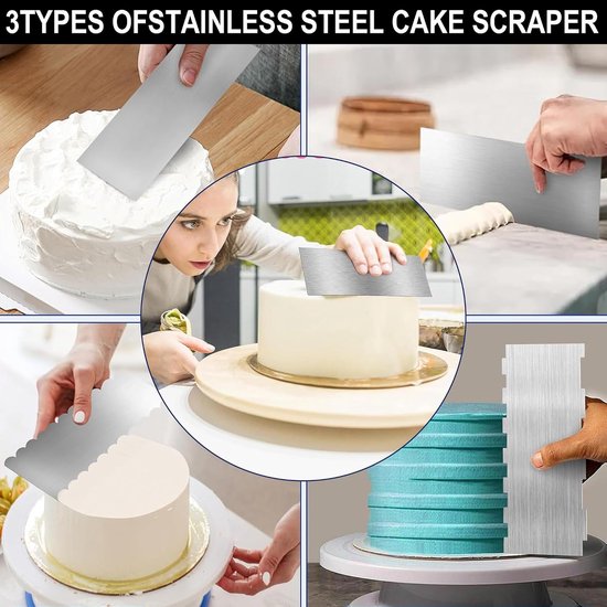 3 Stuks Rvs Taartgladmaker Set - Taart Accessoires voor het Gladstrijken van Botercrème, Keukenschraper met Gestructureerde Randen voor Taartdecoratie — afbeelding 5
