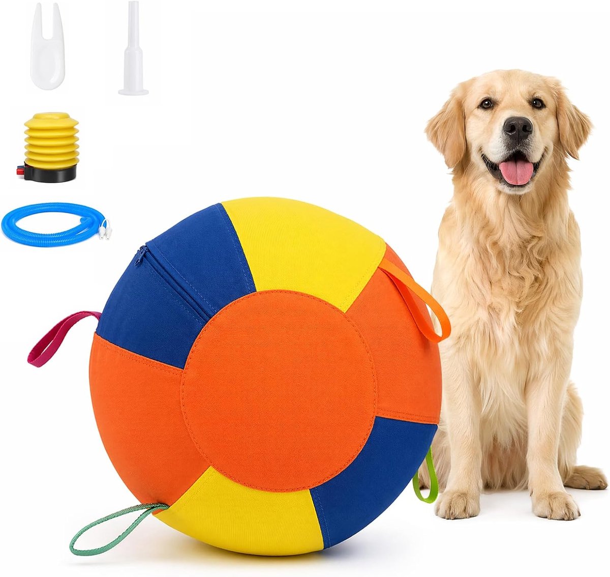 bal hond 45 cm, drijfbal voor honden met handvat, canvas en pomp | 45 cm hondenbal van canvas met rubberen binnenbal, versterkte handgrepen en luchtpomp, voor tuin, weide en middelgrote honden