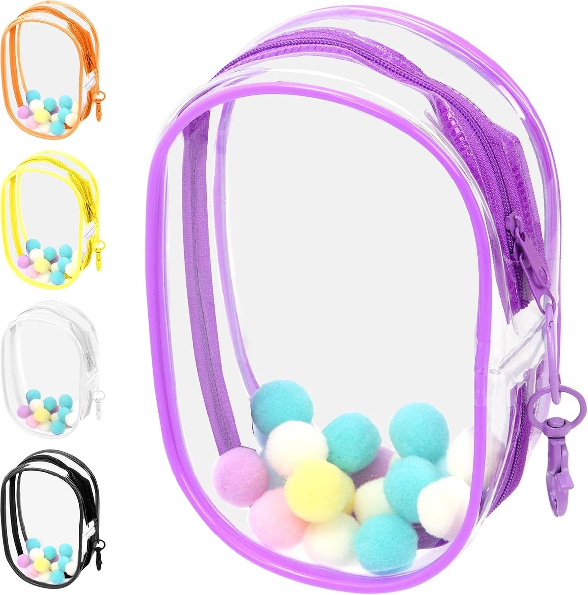 Ovale Blinde Doos van PVC 172 x 65 x 115mm voor Organisatie van Speelgoed en Kleine Items, Transparante Display Tas met Kreeft Snap Haak en Paarse Accenten