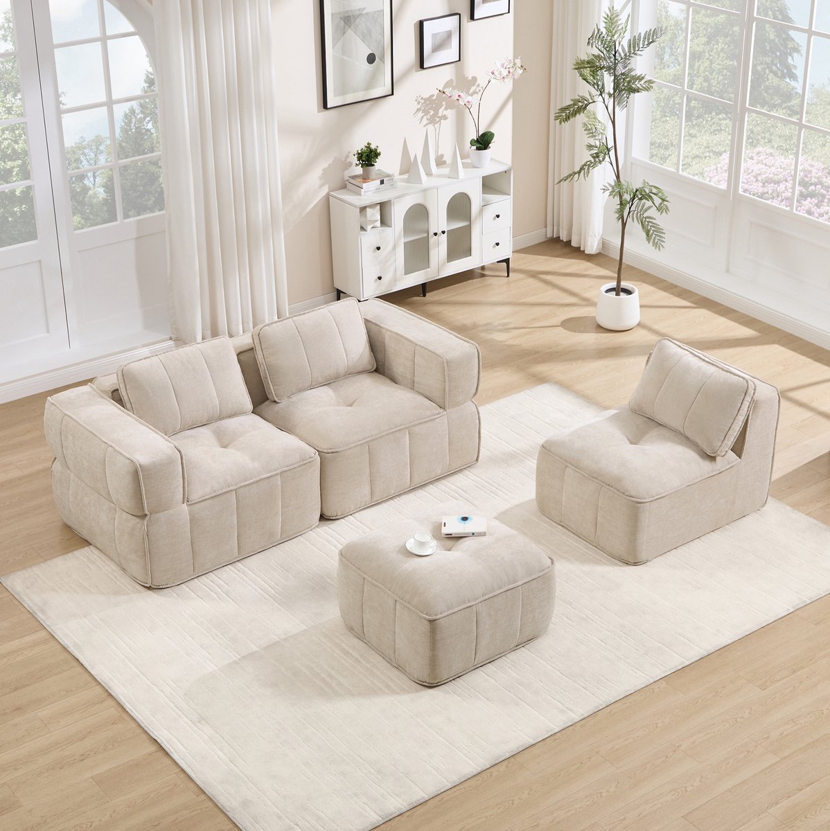 MODENUIT Hoekbank 271 x 162 cm - 3-Zits Modulaire L-Vorm Met Hocker - Voor Woonkamer - Polyester Beige