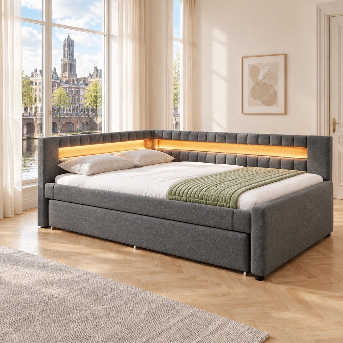 WUVRIE Bedbank 140x200 cm met uitschuifbed, LED-verlichting en USB + Type-C, grijs, zonder matras