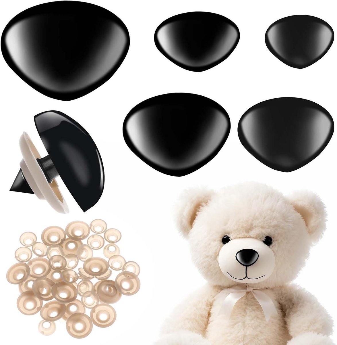 Veiligheidsneuzen Set van 25, 30/24/22/18/15 mm, Zwart met Wasjes voor Haakdieren en Poppen, Creatief Handwerk