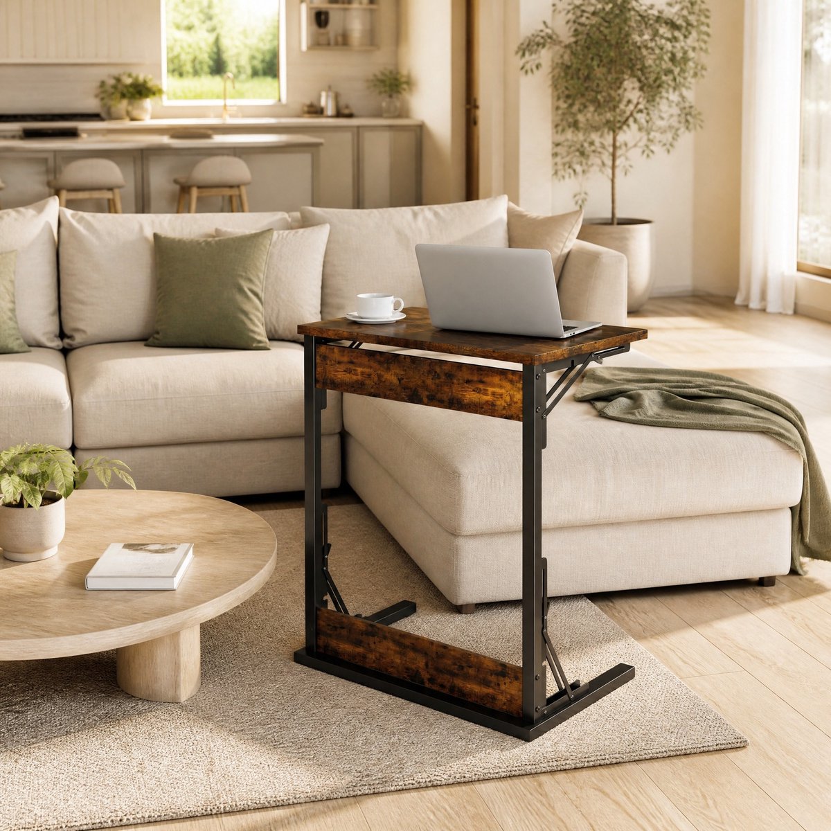 MEUNIQ Set van 2 klapbare C-vormige bijzettafels 60 x 37 x 71 cm met metalen frame en verstelbare voeten voor woonkamer en slaapkamer, rustiek bruin