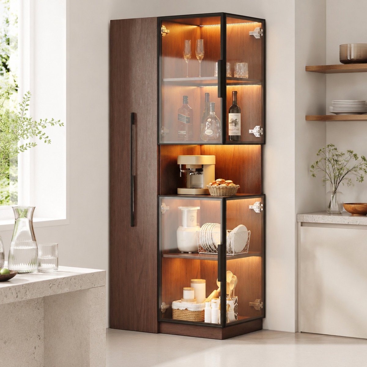 MEUNIQ Vitrinekast 70 x 38 x 160 cm met glas aan voor- en zijkanten, uitschuifbare zijplanken, meerkleurige ledverlichting en opbergruimte, walnootbruin