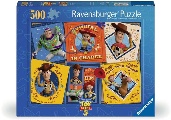Puzzle Ravensburger de 500 pièces Toy Story 5 avec Buzz L'Éclair, Woody, Jessie et des chevaux.