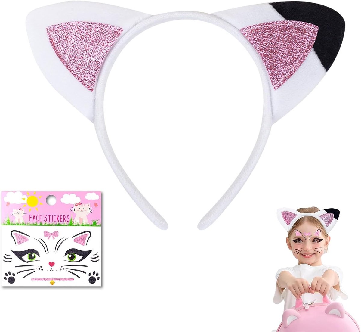Kattenkostuum accessoires met oren, haarband en gezichtstickers voor carnaval en cosplay feestjes