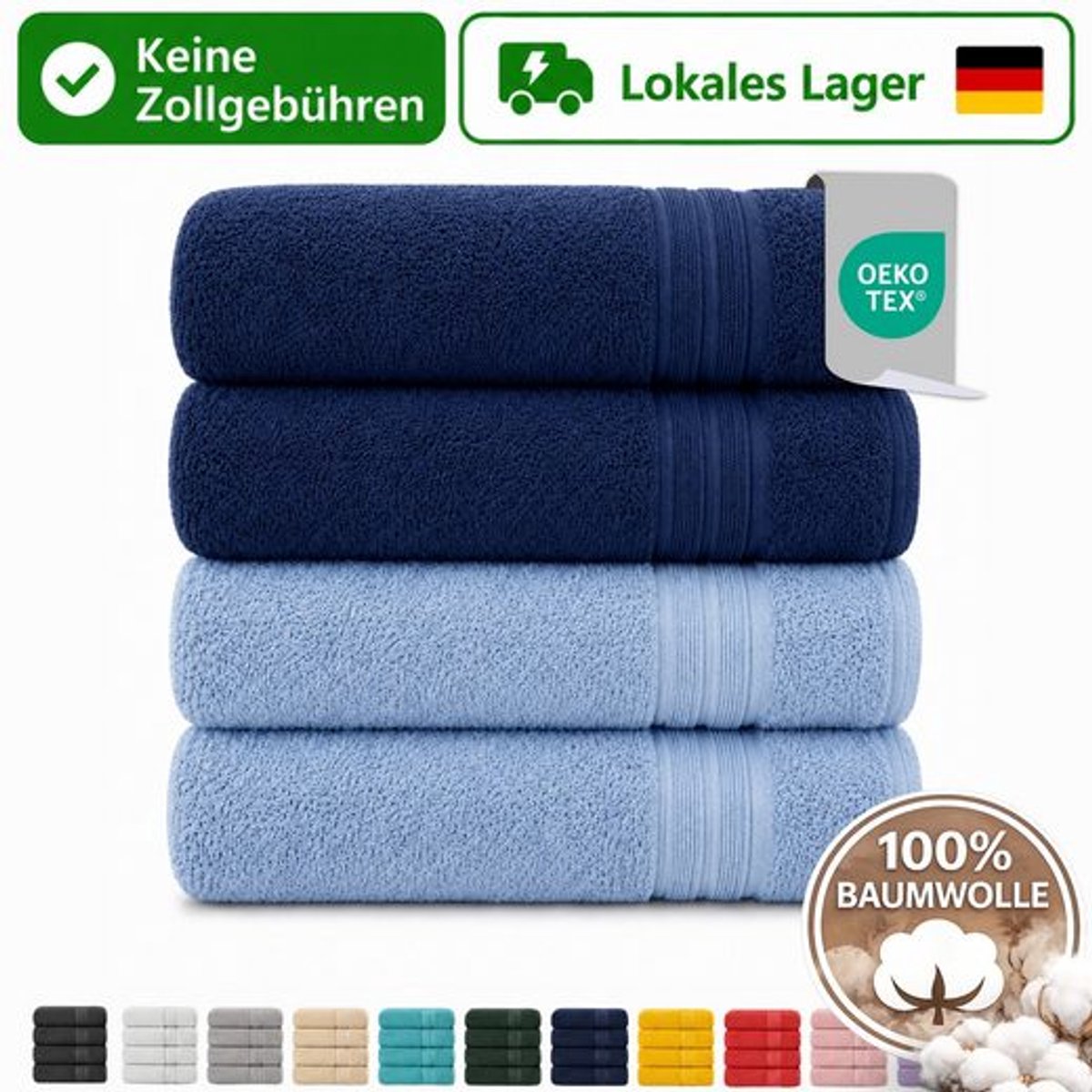 Komfortec Set van 4 Badhanddoek 100x200 cm van 100% Katoen, XXL Saunahanddoek, Grote Douchehanddoek, Zacht & Absorberend, Marineblauw&Lichtblauw