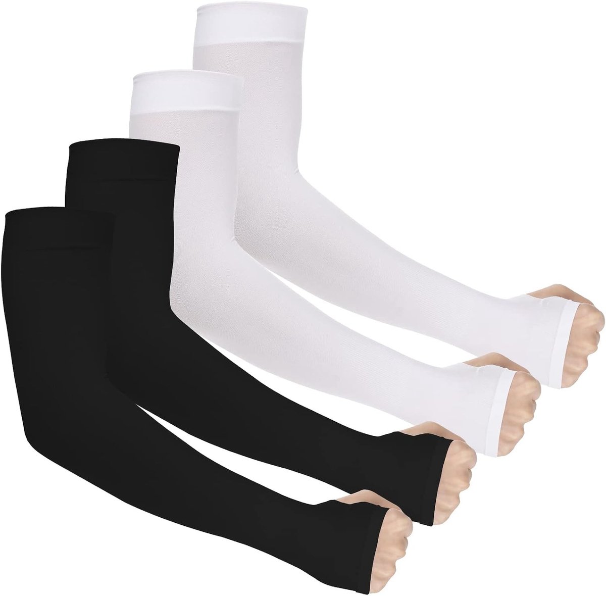 4 Paar UV Beschermende Koelende Arm Sleeves met Compressie en Duimopening voor Fietsen, Golf en Wandelen - Zwart en Wit, UPF 50, Tattoo Bedekking