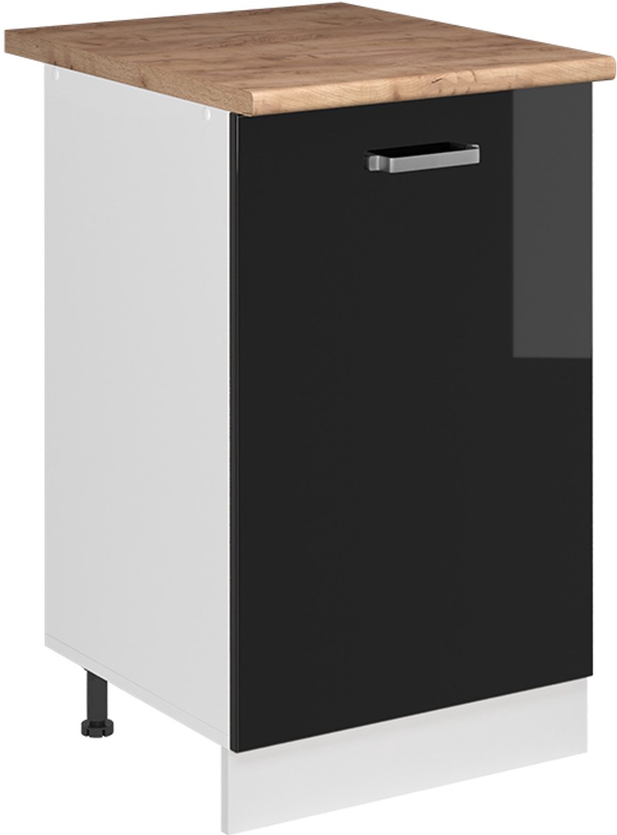 Vicco Keukenonderkast R-Line, Zwart hoogglans/Wit, 50 cm goudkleurig eiken werkblad