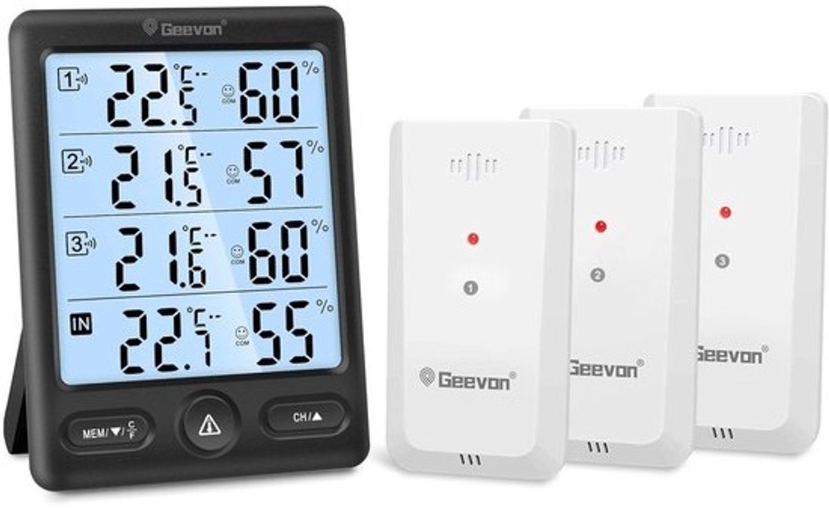 Draadloze thermometer met 3 buitensensoren en hygrometrie, binnen- en buitentemperatuur met achtergrondverlichting