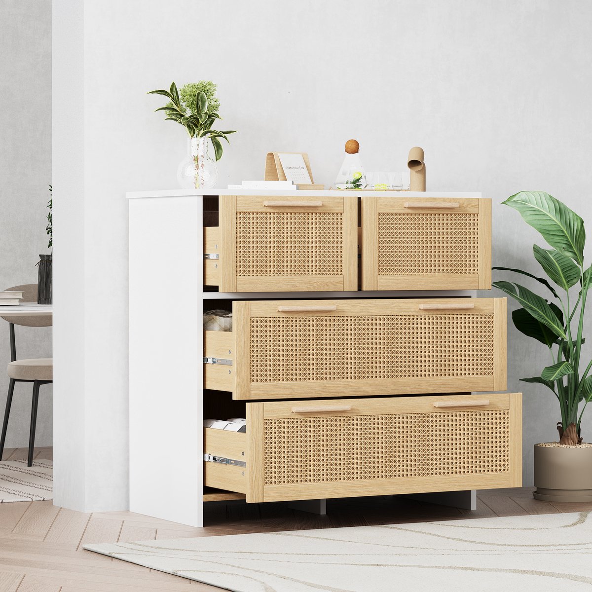 MEUNIQ Ladekast met 4 lades en rotan fronten, 80 x 80 x 38 cm, MDF opbergkast voor slaapkamer, woonkamer, eetkamer of hal, naturel en wit