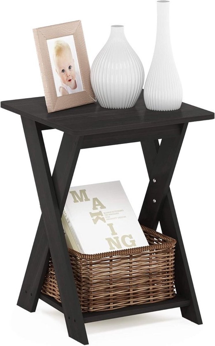 Bijzettafel met Kruispoten en 2 Niveaus – Hout – Espresso Kleur – Compacte Afmetingen 39,5 x 39,5 x 50,8 cm