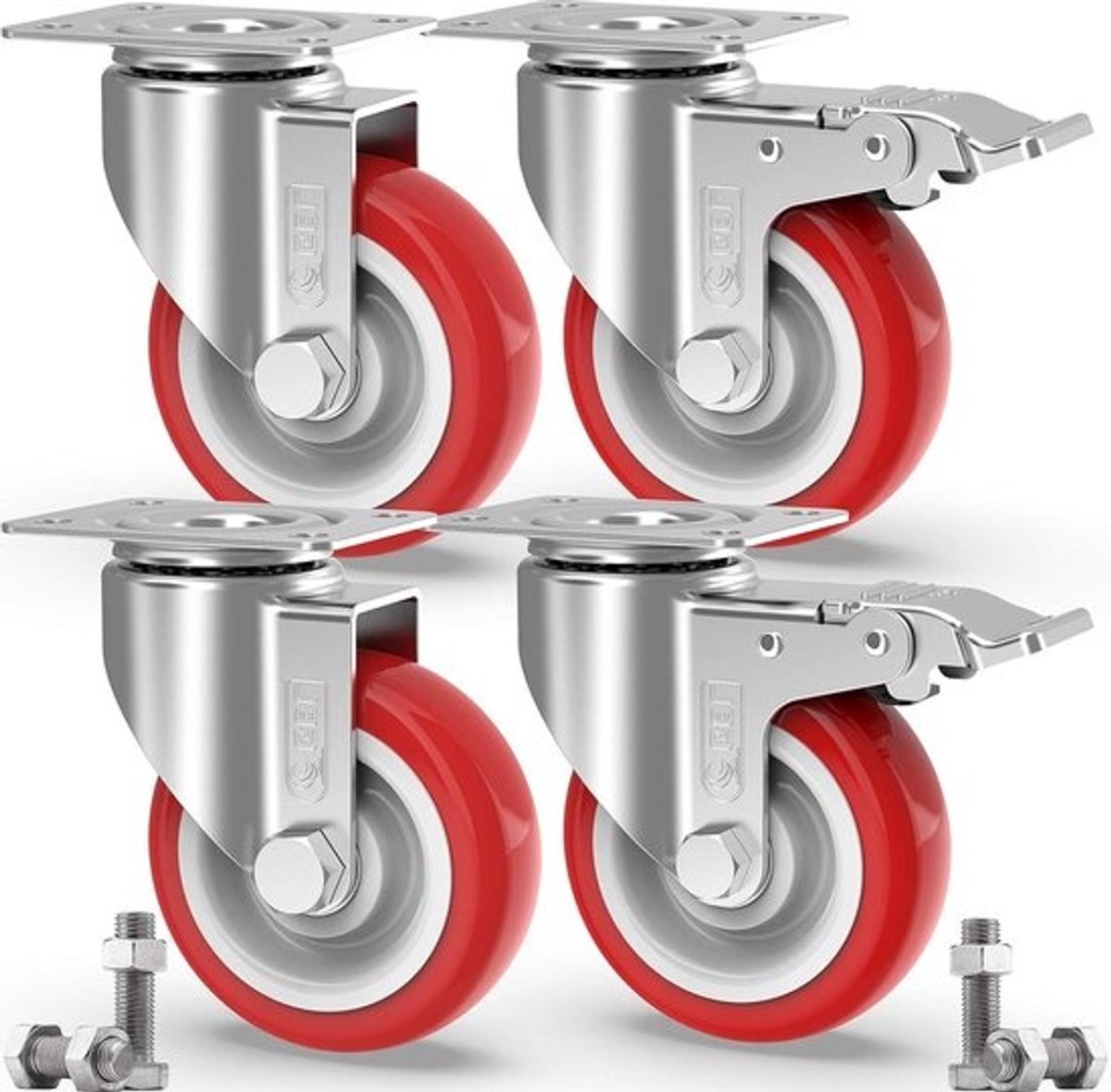 Zwenkwielen met Remmen en Schroeven - 125 mm tot 800 kg - 4 Stuks - Zonder Vloersporen - Trolley Wielen voor Meubels - Rubberen Wielen - Industriële Zilveren Wielen