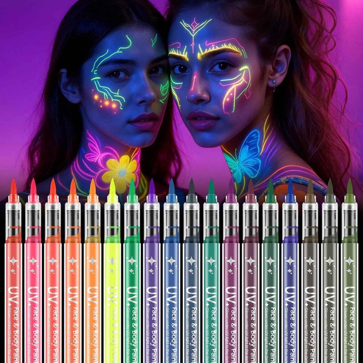 Glow in the Dark Gezichtsverf Pennen - 18 Kleuren UV Neon Gezichtsverf voor Halloween, Feestmake-up en Body Art