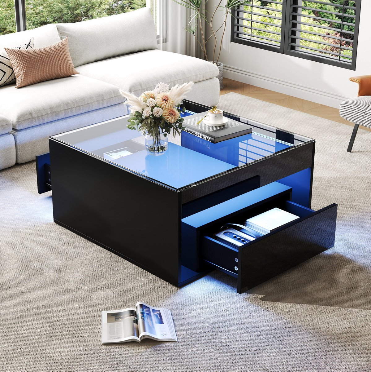 MEUNIQ Salontafel 70 x 70 x 35 cm met glazen blad, 2 lades, open vak en app-bedienbare LED-verlichting voor woonkamer, zwart