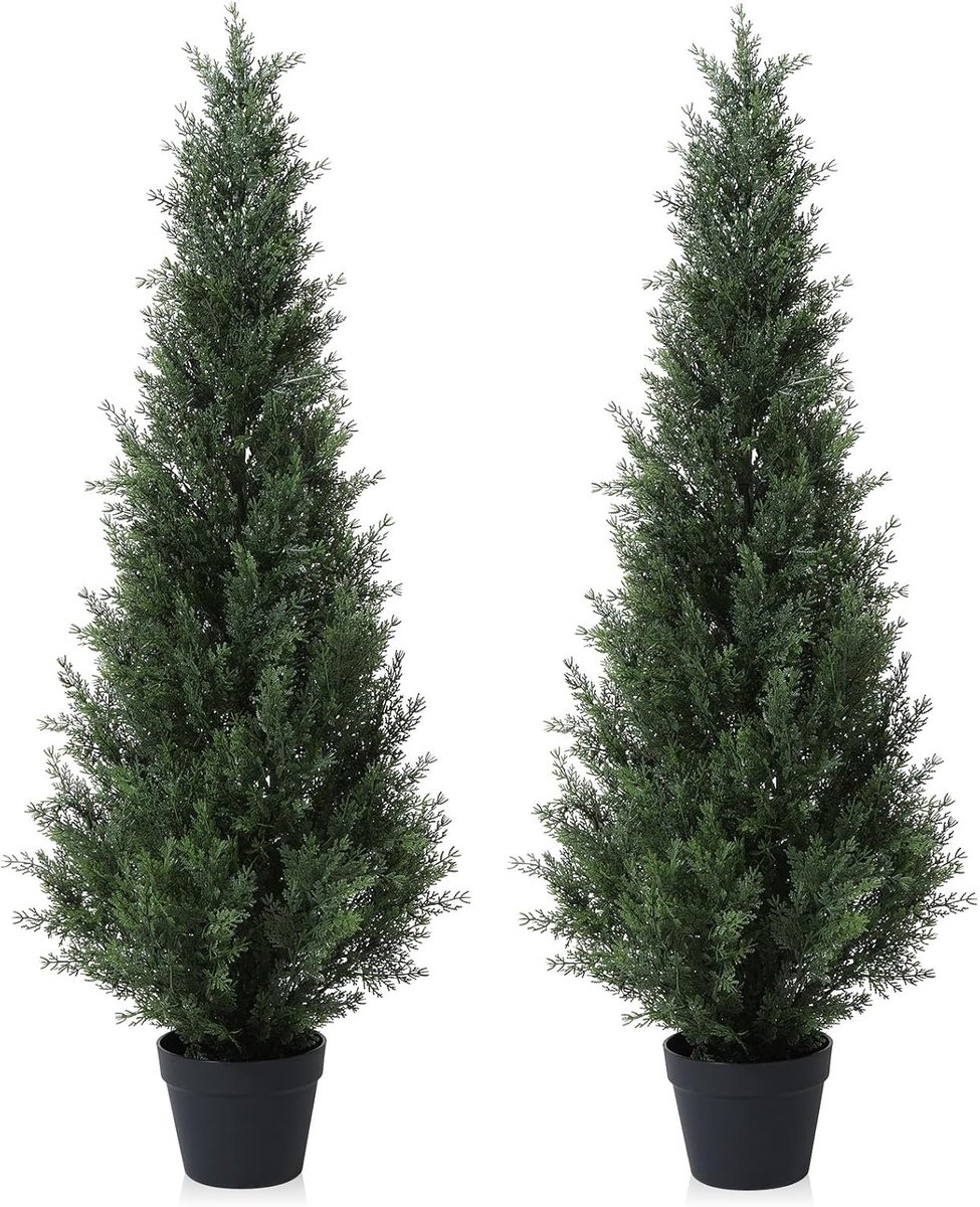 Kunstplanten van 125 cm kunst-cederboom, grote kunstplanten met kunststoffen potten voor tuin- en veranda-decoratie (2 stuks)