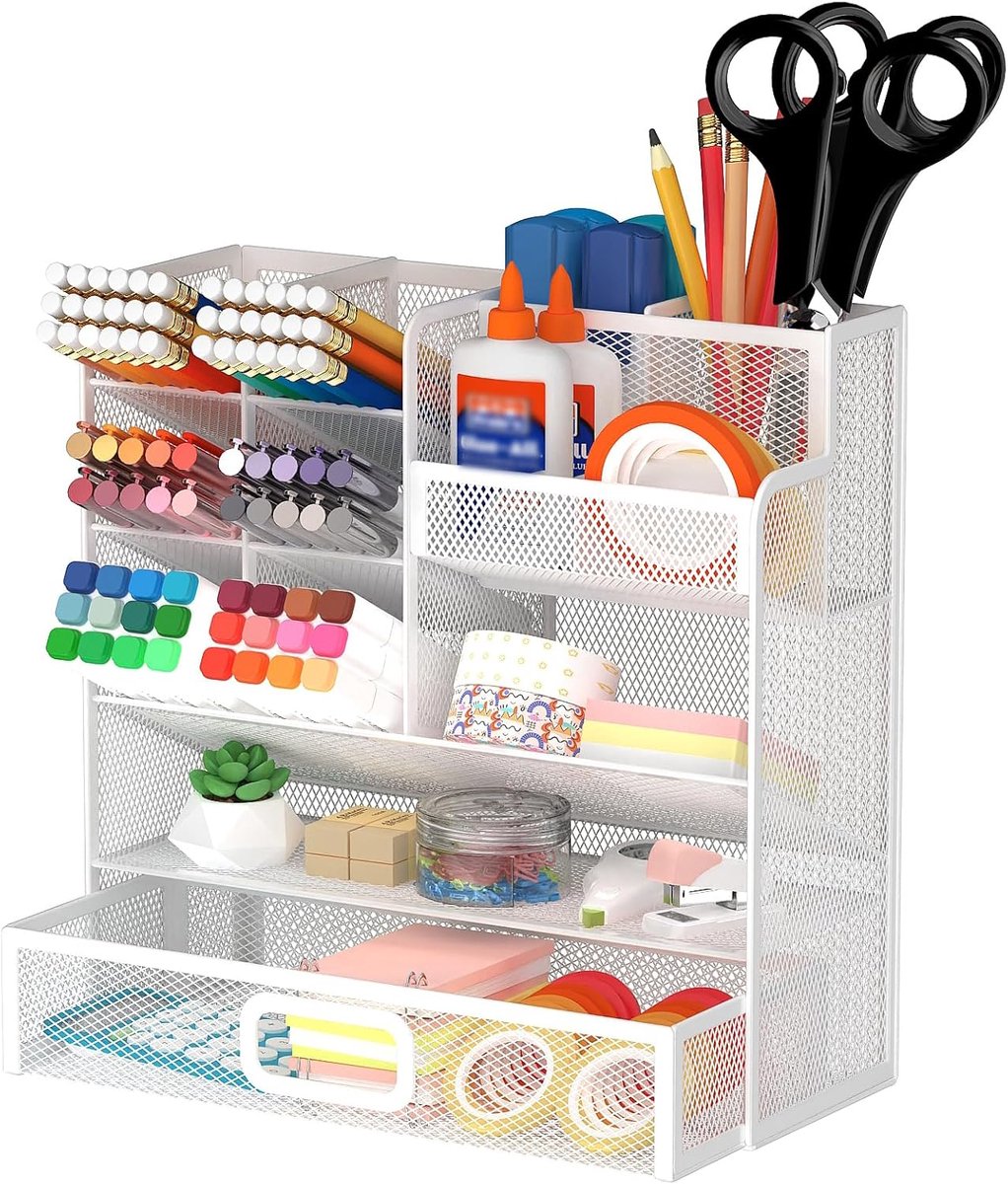 Bureau-organizer van netstof, multifunctionele wandpennenhouder met lade, bureau-organizer en opslag voor schoolbenodigdheden, thuis en kunst (wit)