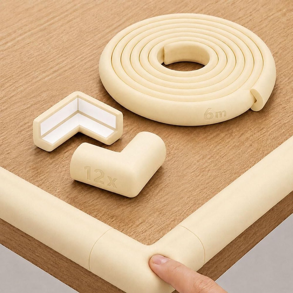 Randbescherming voor baby's, schuimrubber, tafelrandbescherming, hoekbescherming, zelfklevend, voor kinderen, bed, vensterbank en bureau, meubels (beige, L-vorm, 6 m met 12 x hoekbeschermer)