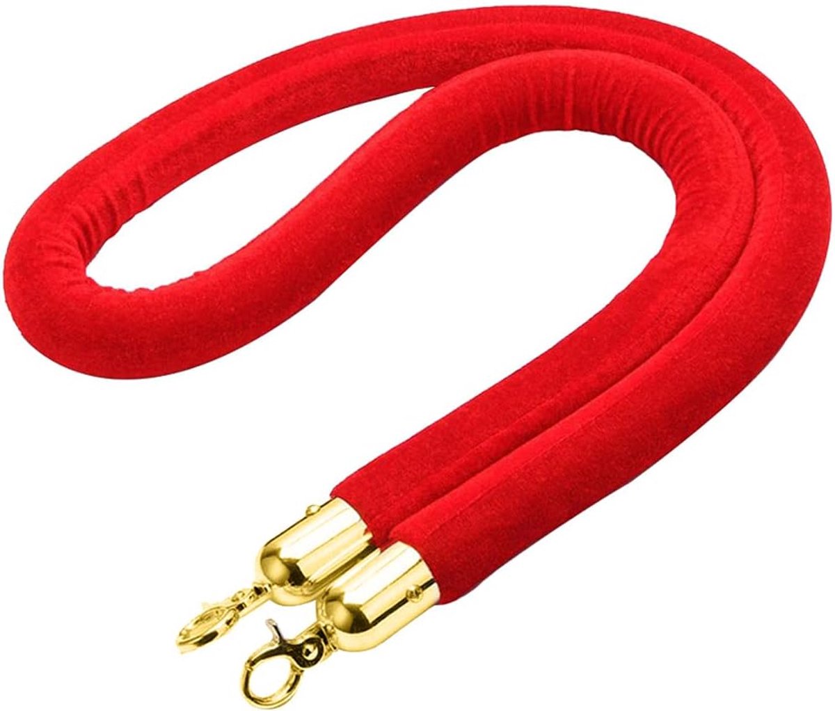 Afzettouw van fluweel, 1 stuk, afsluitkoord, crowd control, afsluittouw, rood, rond velours, touw, voor personen, reissysteem, afsluitband met gouden karabijnhaak voor wachtrij