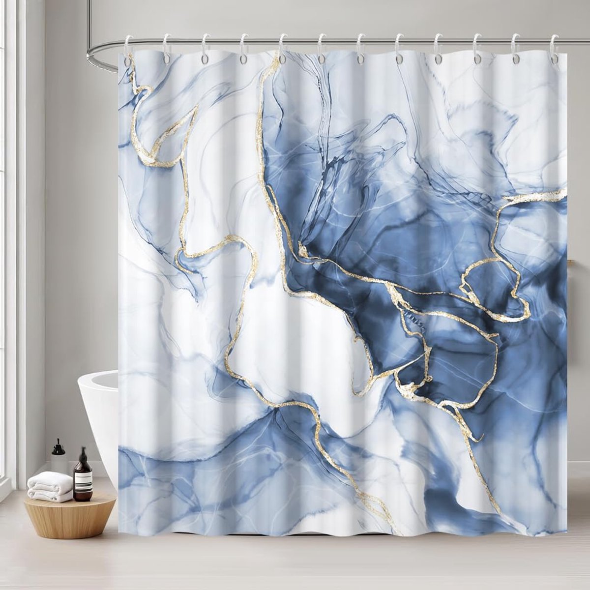 Douchegordijn, 180 x 240 cm, schimmelwerend, blauw, marine, marmerlook, blauw, gemarmerd, moderne douchegordijnen, waterdichte stof, wasbaar, polyester, badgordijn met 12 haken, voor badkamer