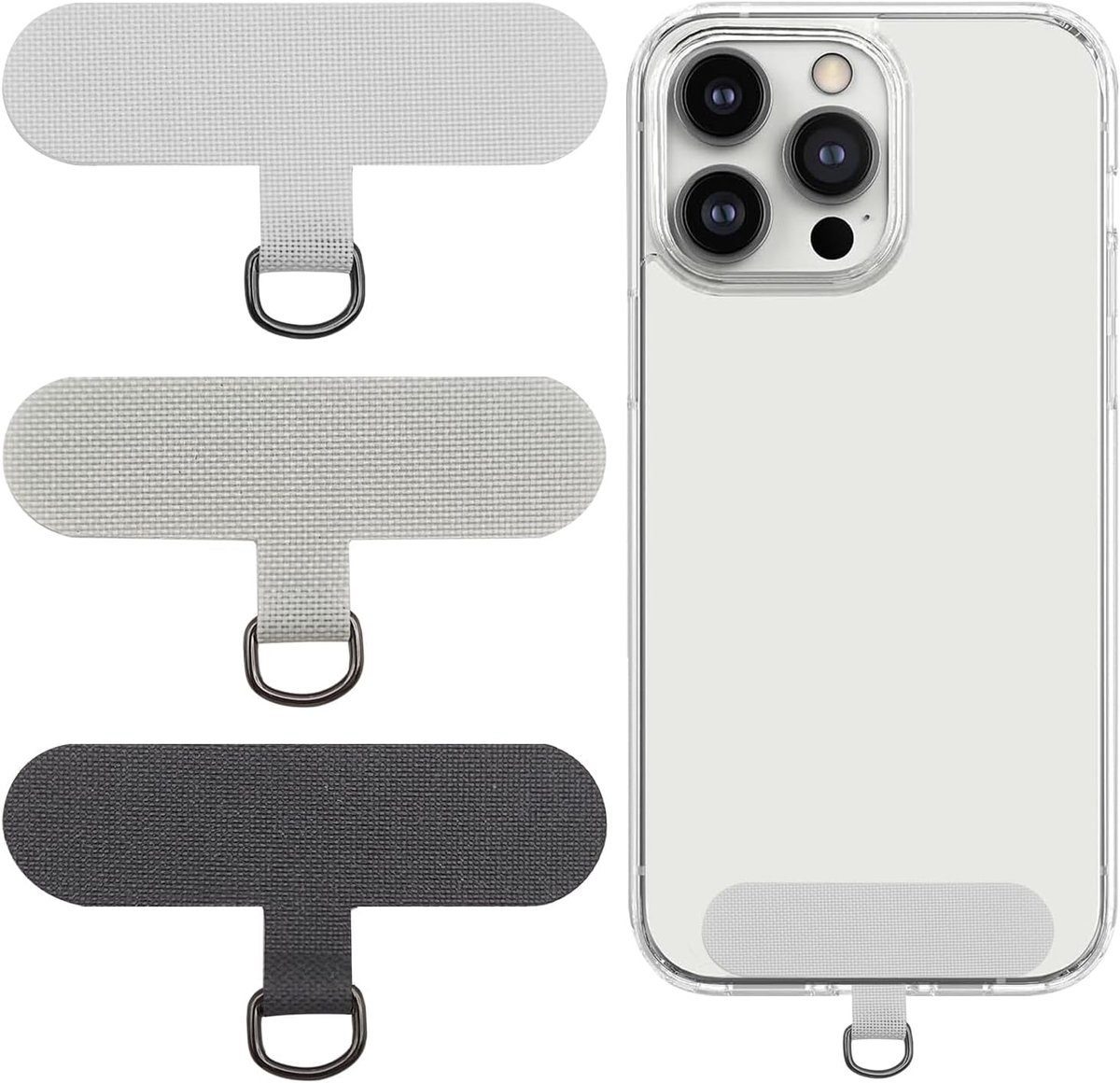 Tether Tab, 3 stuks mobiele telefoon lanyard patch compatibel met iPhone smartphone, telefoon riem vervangingsonderdeel voor alle volledige telefoon hoesjes, zwart/grijs/wit