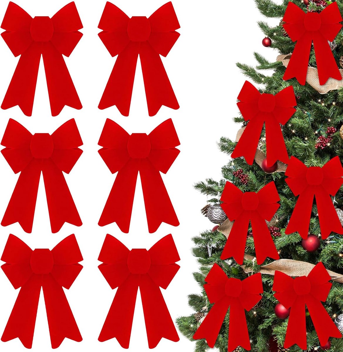 Rood, 15 x 13 cm, strik voor boom, lint, kerstboom, pvc, kerststrikken, velours, voor deuren, kerstbomen, ramen en open haarden