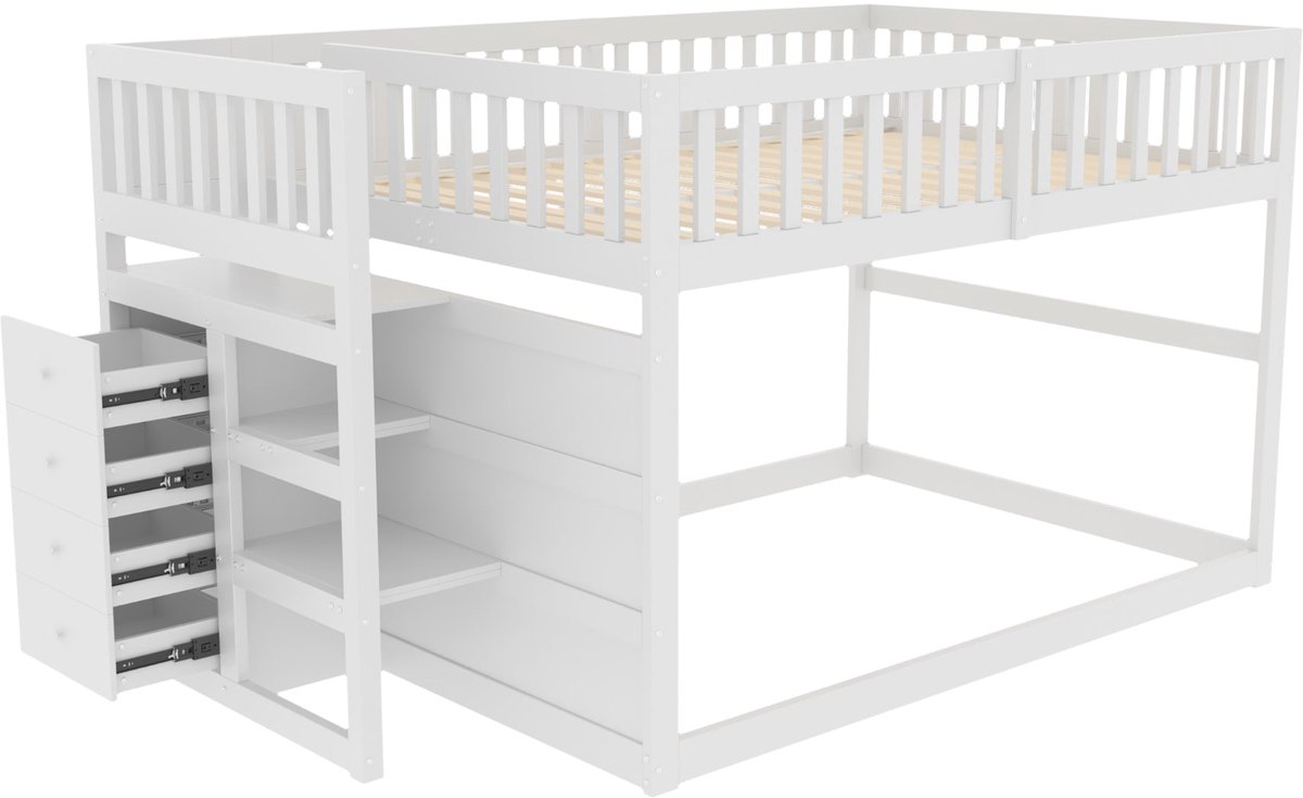 Merax Half Hoogslaper 140x200 cm - Kinderbed met Opbergruimte - Houten Bed voor Kinderen - Wit