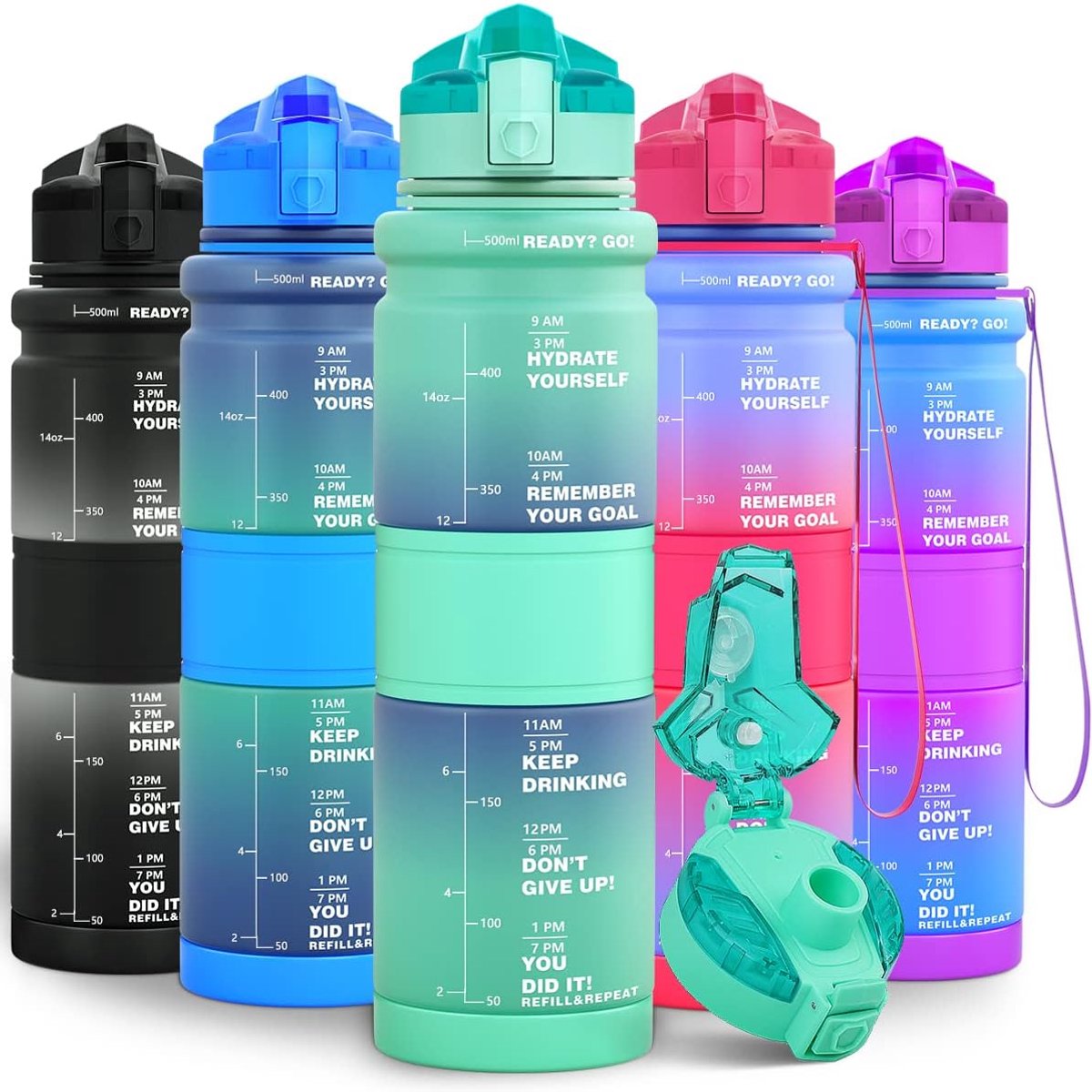 Tritan BPA-vrije waterfles voor kinderen, 1 l/500 ml, geschikt voor koolzuurhoudende dranken, lekvrij, sportdrinkfles met tijdmarkeringen en fruitinzet voor school, fiets, fitness