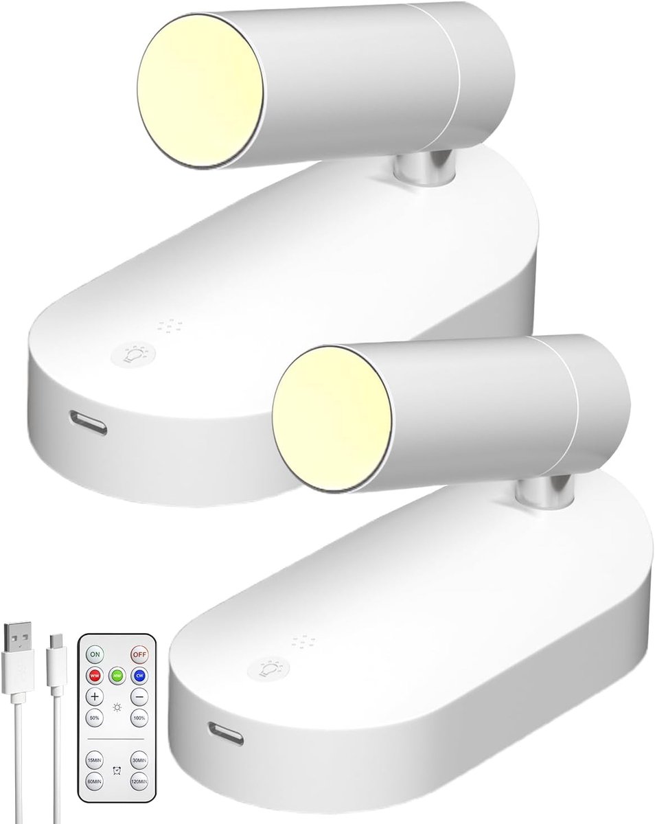Oplaadbaar, voor binnen, set van 2, 360 graden draaibaar, led-spots voor binnen, met timer en afstandsbediening voor gebruik binnenshuis, 3000 K/4500 K/6500 K, voor accentverlichting om