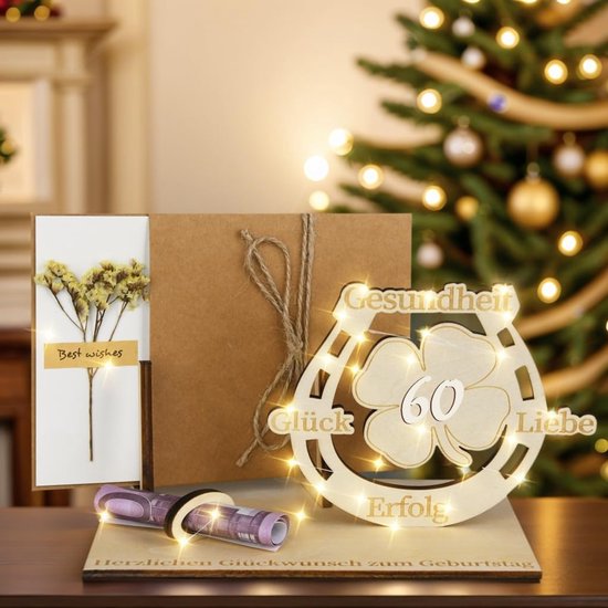 60e verjaardag vrouw man, 60 geldgeschenken verjaardag voor vrouw man, led klaverblad geluk 60e verjaardag geschenken, cadeaus voor 60e verjaardag, decoratie houten gastenboek (40) — afbeelding 5
