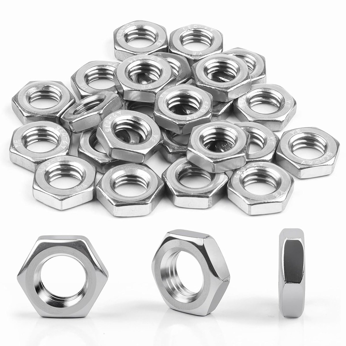 Moer 25 stuks, zeskantmoeren roestvrij staal (lage vorm), DIN439 A2 V2A moeren roestvrijstalen moeren halfmoeren platte moeren hex-groef voor schroeven & sluitringen & schroefdraadstangen