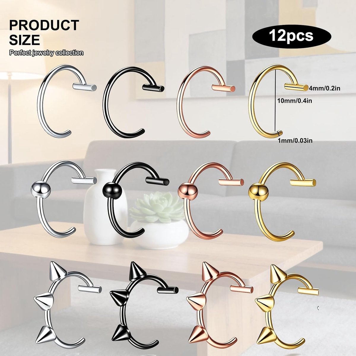 Set 12 Stuks RVS Neusring Septumpiercing Lippiercing Smileypiercing Neppiercing Zilver voor Dames en Heren Zonder Gaatje