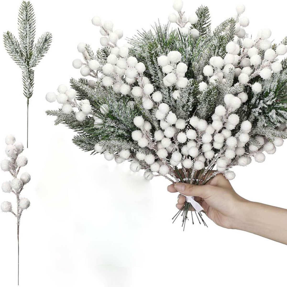 Kunst sneeuw bessen dennentakken, kerst steekbloemen, kerstboom decoratie takken, besneeuwde bessentakken, DIY kerstkrans materiaal, 2 soorten elk 10 stuks kerst decoratie