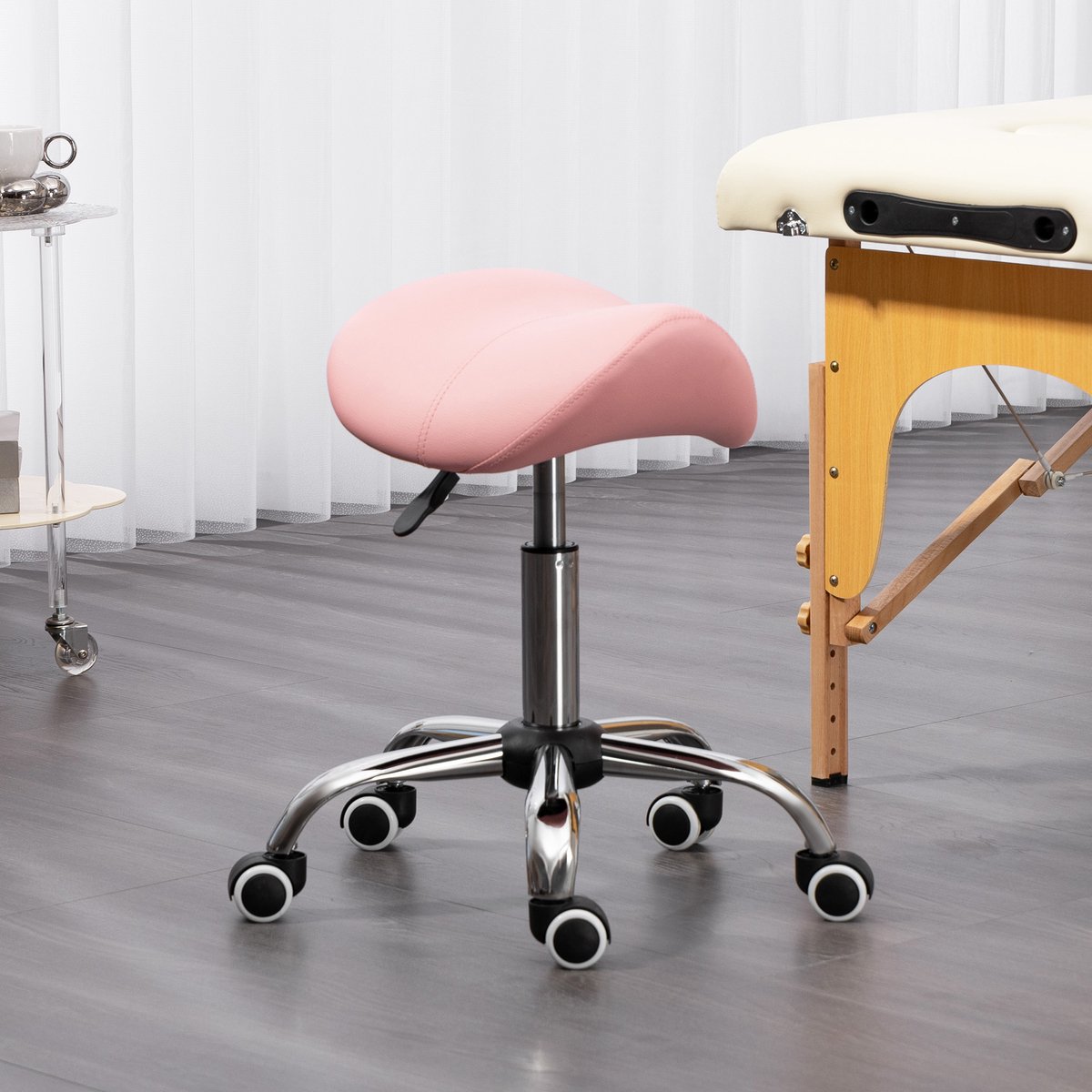 Salonkruk - in hoogte verstelbaar 49-61 cm, 360° draaibaar, op wielen, tot 120 kg, roze, voor salon en beautyruimte