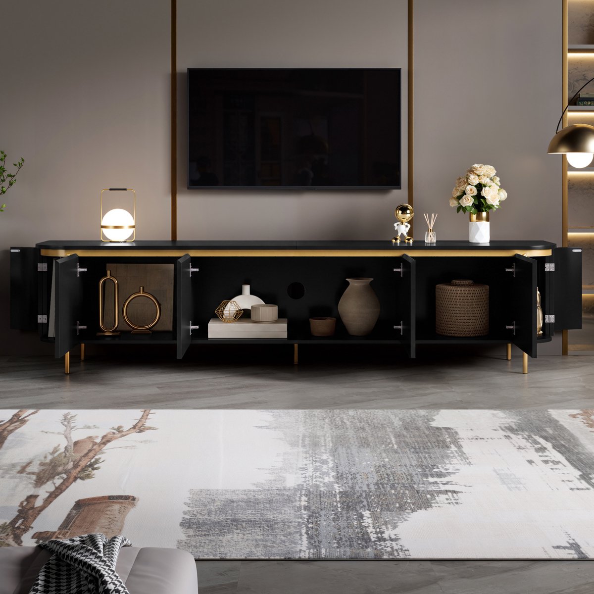 STILVORA Tv-Meubel - Zes Deuren Met Kabeldoorvoeren - Voor De Woonkamer - MDF En Metaal - 180 X 38 X 46 Cm - Zwart