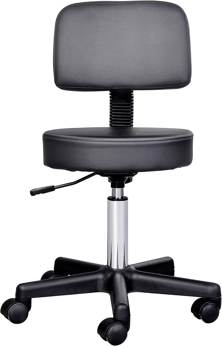Salonkruk - in hoogte verstelbaar, 360° draaibaar, met rugleuning, op wielen, tot 130 kg, zwart, voor massageruimte en kapsalon