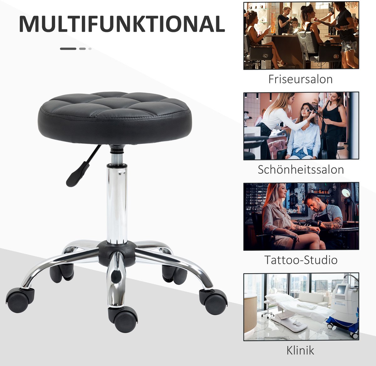 Salonkruk - set van 2, in hoogte verstelbaar 48-63 cm, 360° draaibaar, op wielen, kunstleer, tot 120 kg, zwart, voor salon en spa