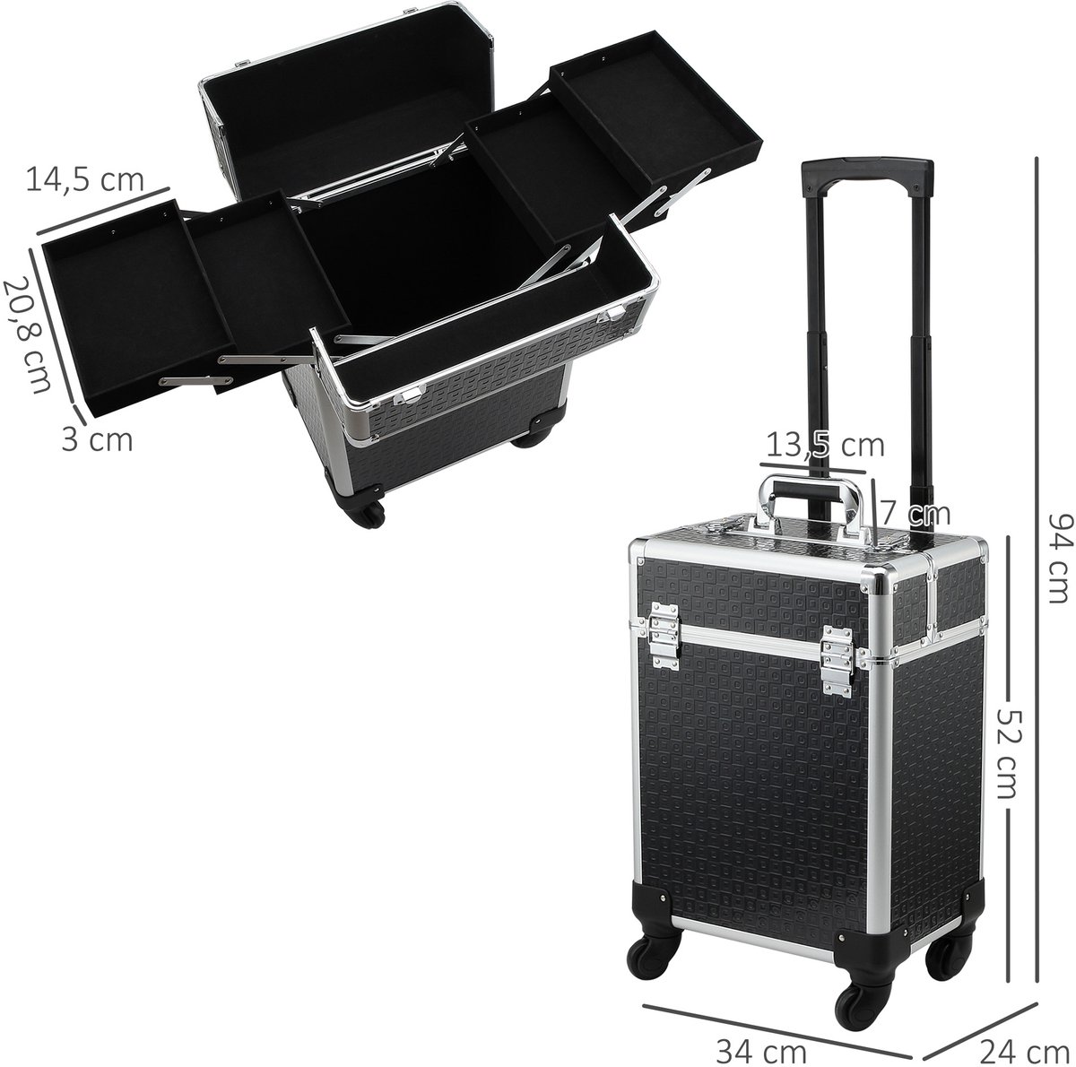 Make-up koffer - met wielen, professionele trolley, voor visagisten, zwart