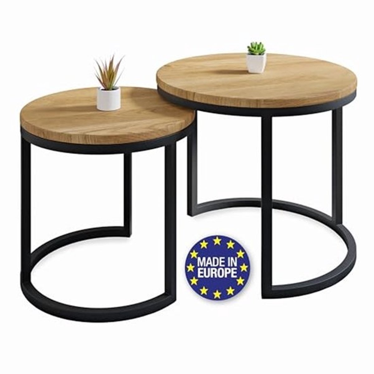 Set van 2 handgemaakte salontafels - Massief eikenhout en staal - Rond en compact